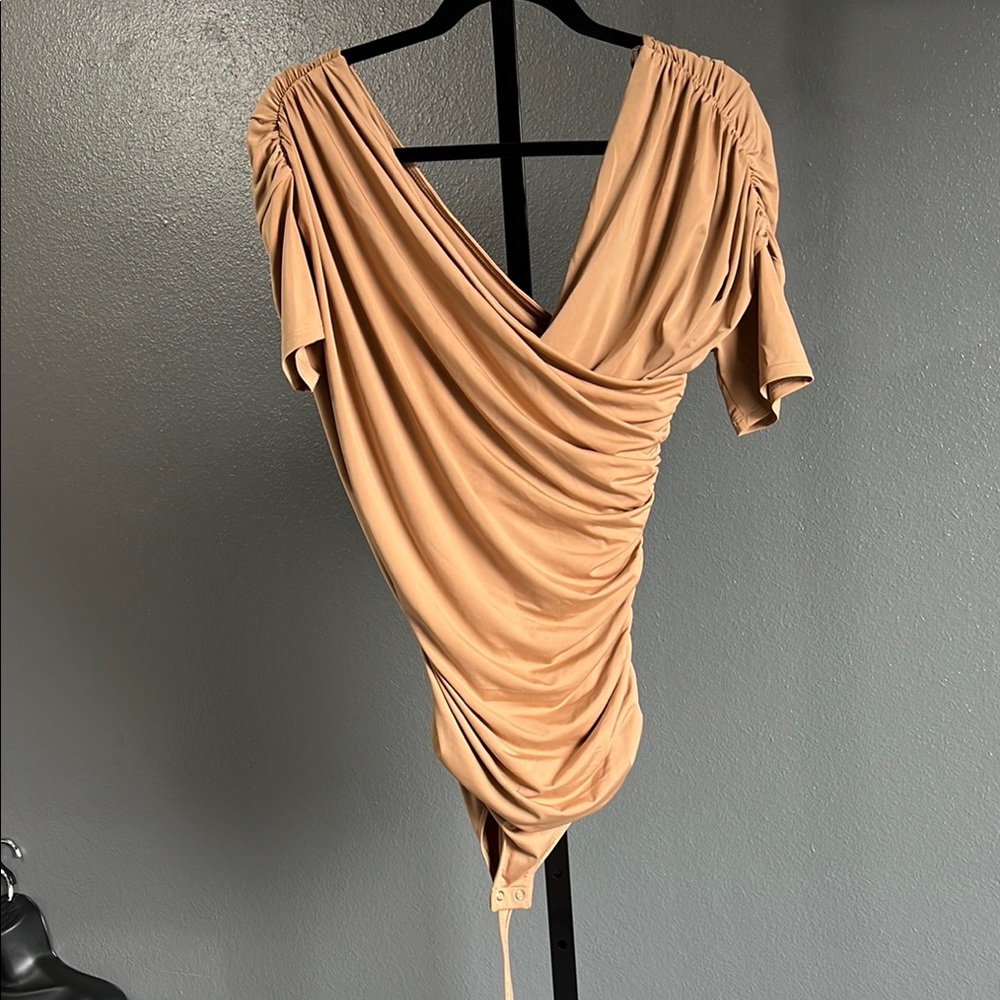 Express Tan Ruched Bodysuit